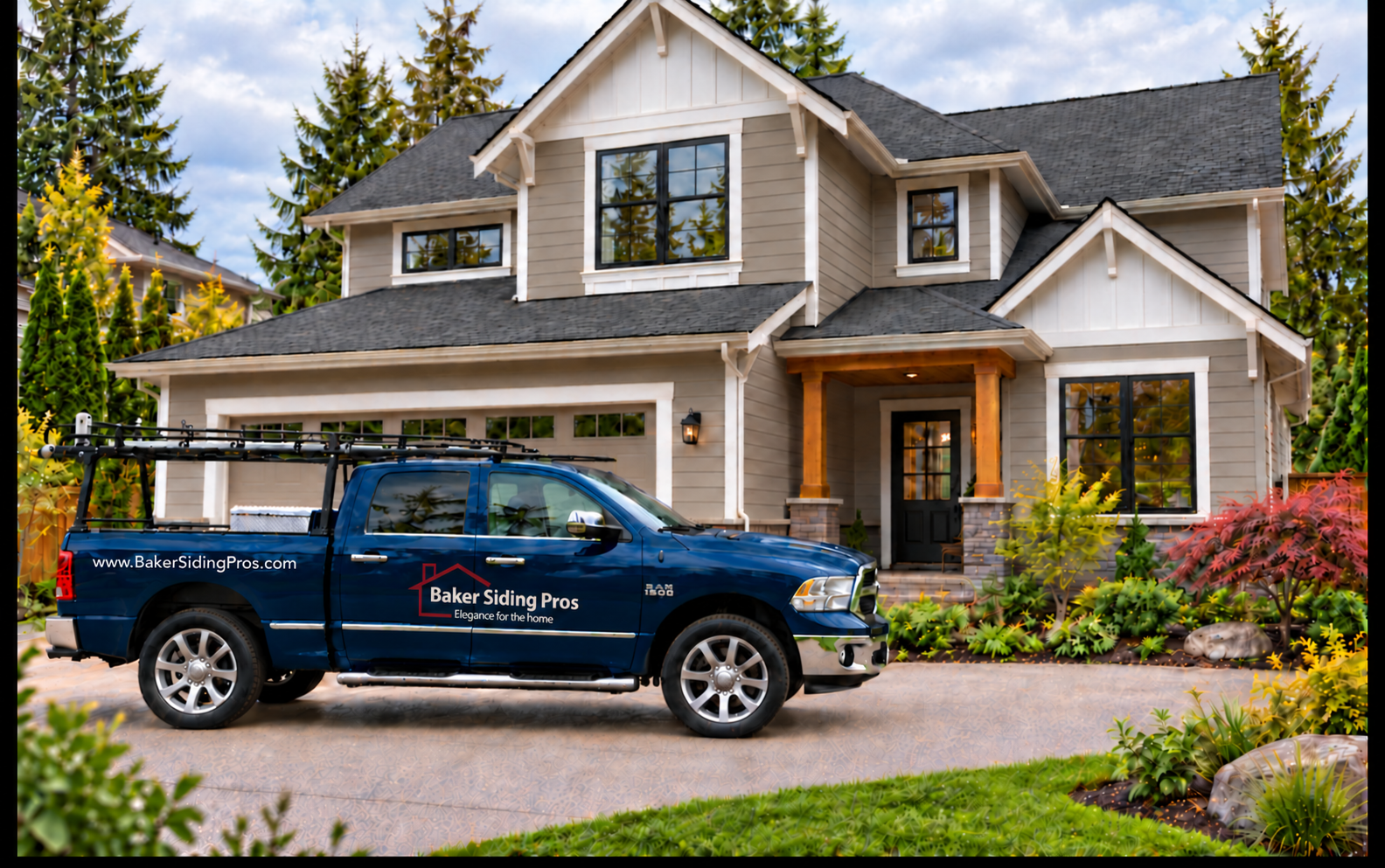 Brand illustration of the navy Baker Siding Pros truck with an empty black rack in front of a fiber cement sided home