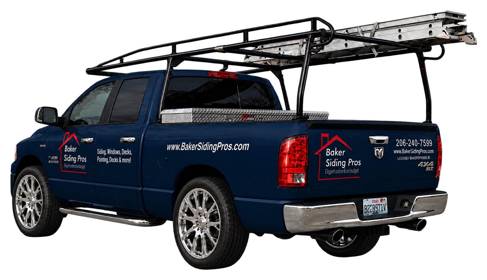 Navy Baker Siding Pros Dodge Ram with company graphics and ladder rack