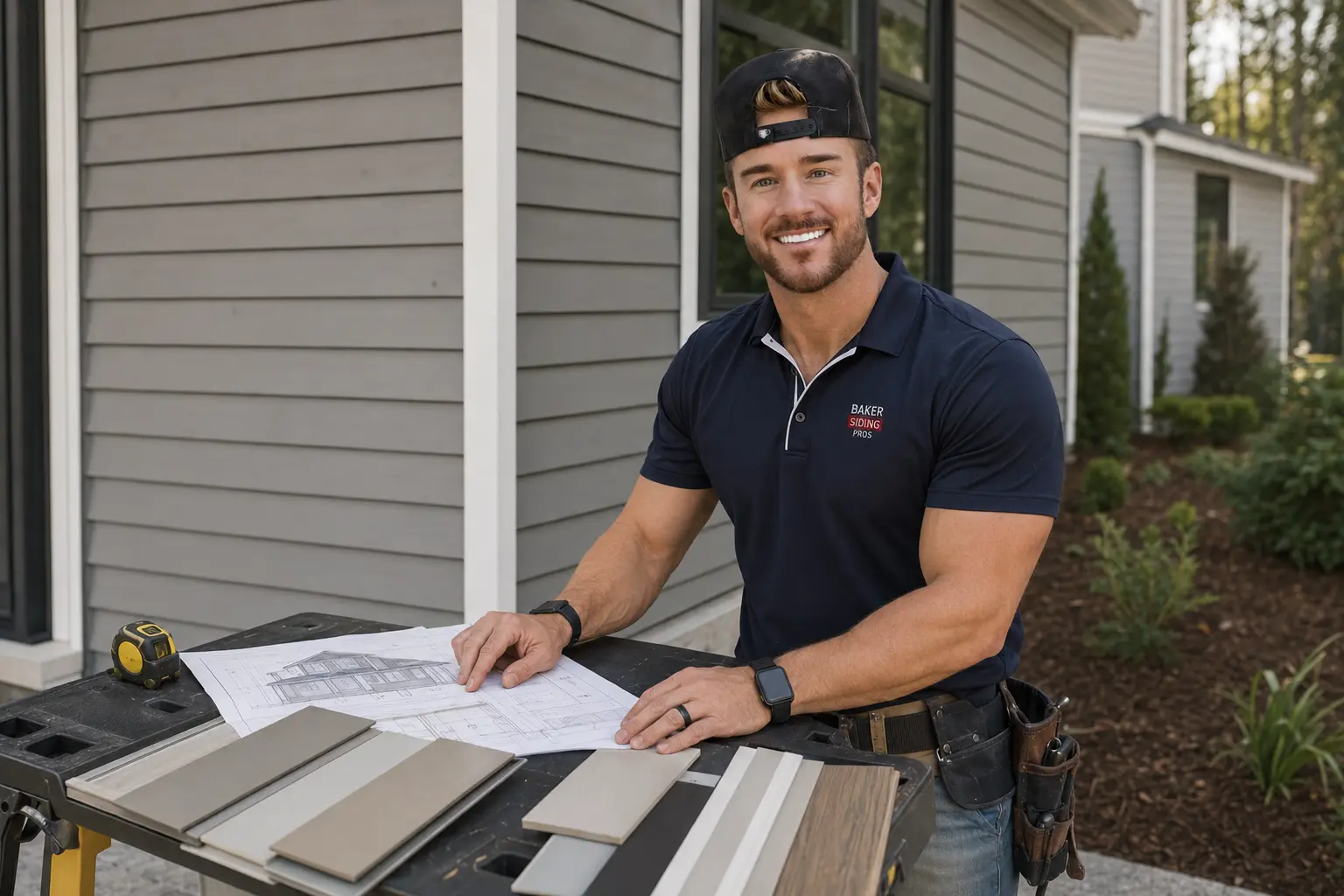 Jamie Baker reviewing siding plans and material samples with a homeowner